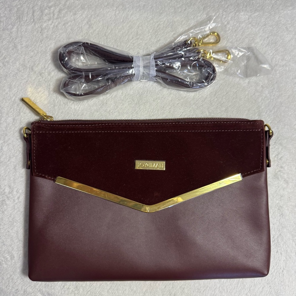 Burgundy Leather and Suede Clutch Bag with Strap by Joy & Iman